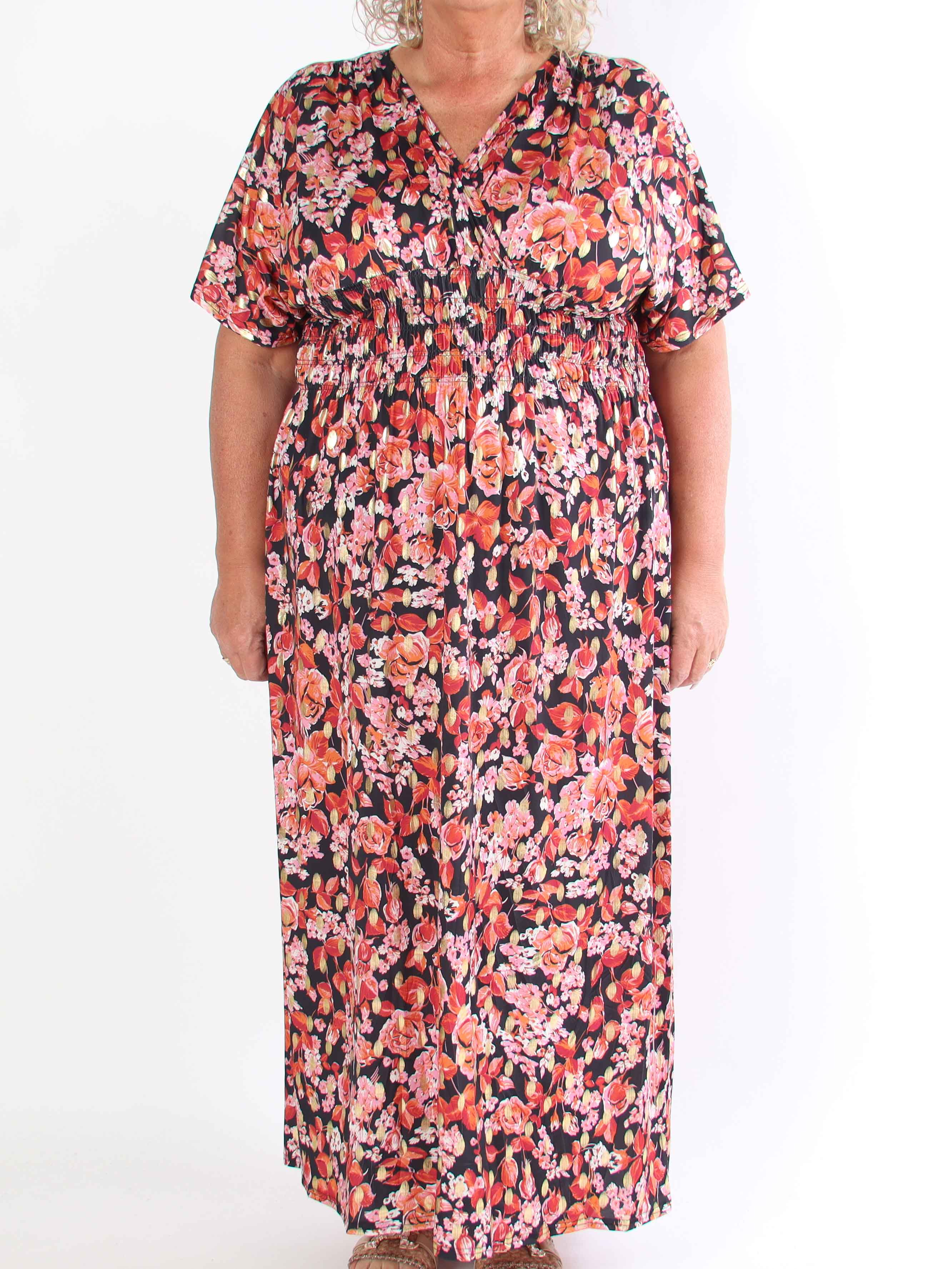 Pams Small Rose - Plus size kjole med blomsterprint og guld detaljer